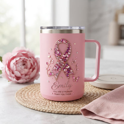 Personalized Pink Breast Cancer Awareness Crystal Ribbon Insulated Mug With Handle