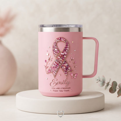 Personalized Pink Breast Cancer Awareness Crystal Ribbon Insulated Mug With Handle