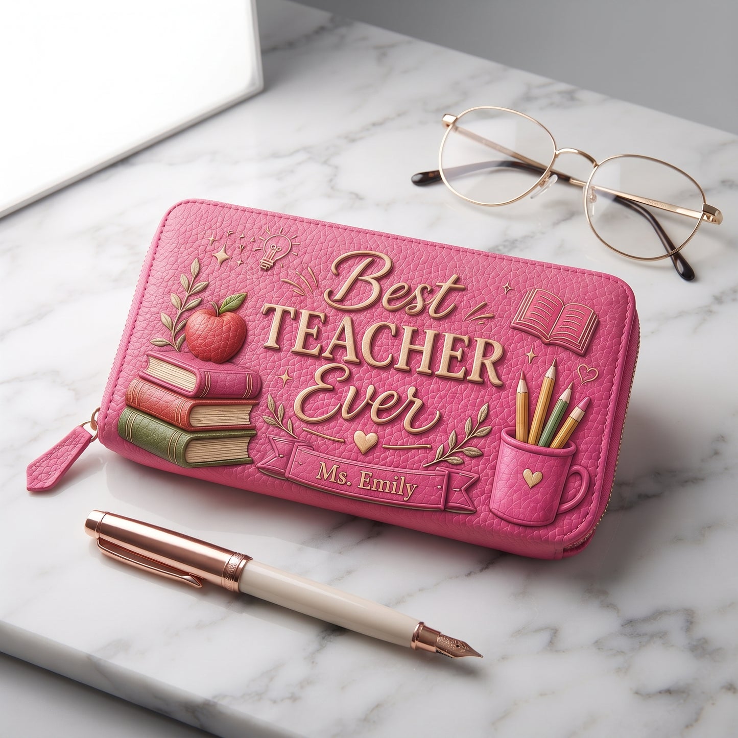 Personalized Best Teacher Ever Genuine Leather Clutch Wallet – Custom Teacher Name Embossed Style Pebbled Leather Wallet Gift
