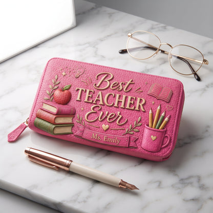 Personalized Best Teacher Ever Genuine Leather Clutch Wallet – Custom Teacher Name Embossed Style Pebbled Leather Wallet Gift