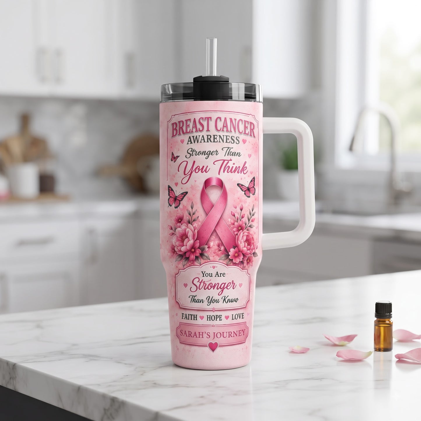 Personalized Breast Cancer Awareness 40oz Tumbler With Handle & Straw – Stronger Than You Think Pink Ribbon Gift