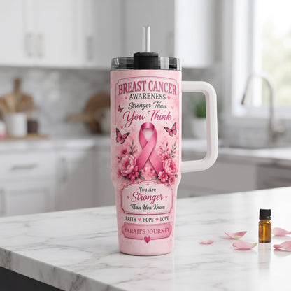 Personalized Breast Cancer Awareness 40oz Tumbler With Handle & Straw – Stronger Than You Think Pink Ribbon Gift