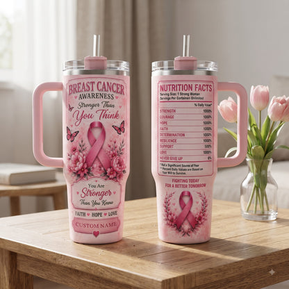 Personalized Breast Cancer Awareness 40oz Tumbler With Handle & Straw – Stronger Than You Think Pink Ribbon Gift