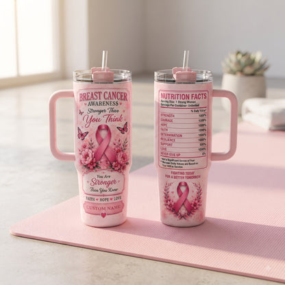 Personalized Breast Cancer Awareness 40oz Tumbler With Handle & Straw – Stronger Than You Think Pink Ribbon Gift