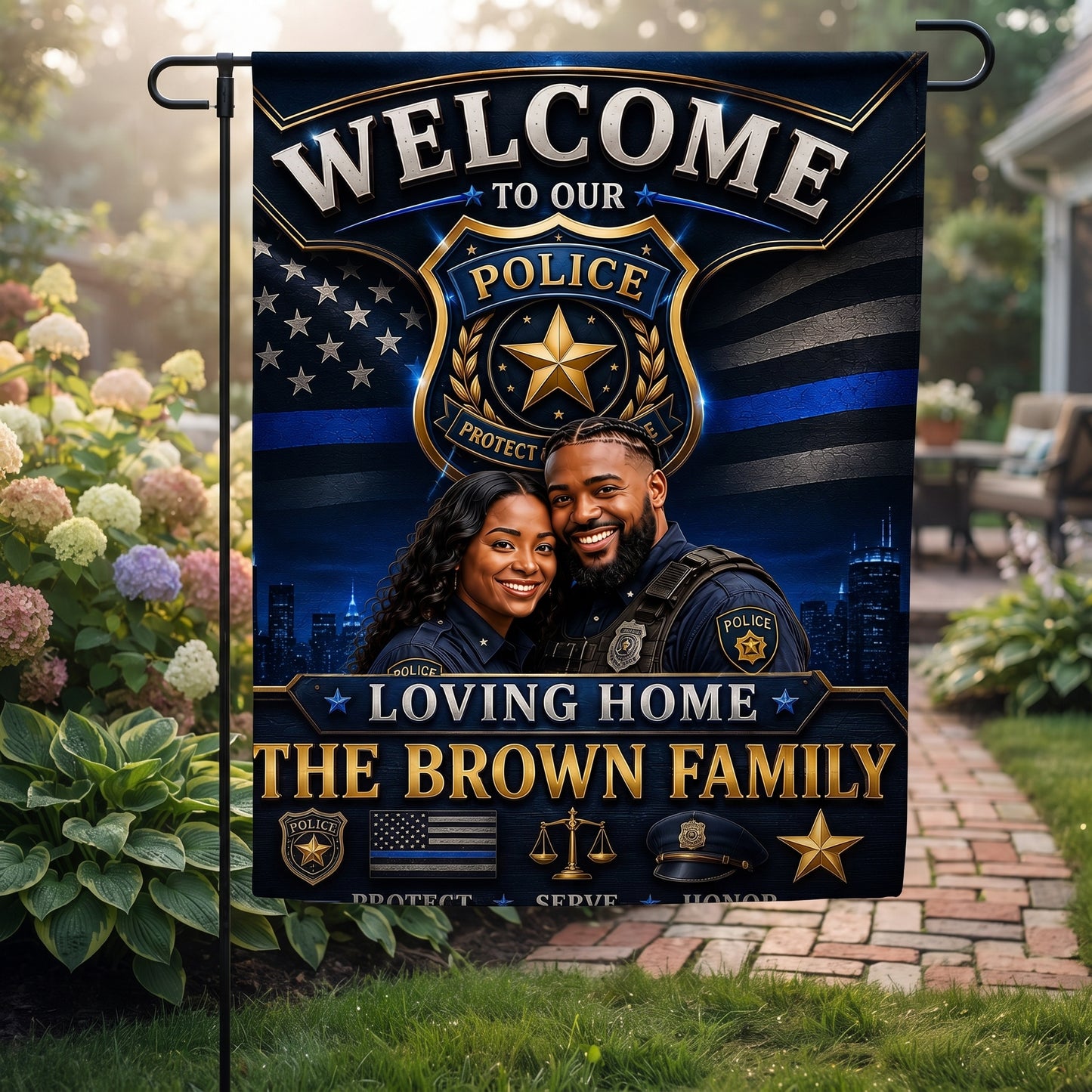 Personalized Police Family Welcome Garden Flag – Custom Officer Photo, Thin Blue Line Outdoor Decor, Police Home Gift