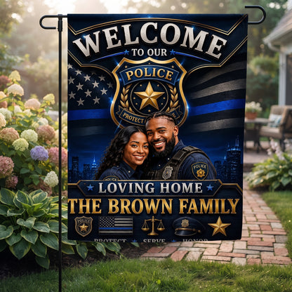Personalized Police Family Welcome Garden Flag – Custom Officer Photo, Thin Blue Line Outdoor Decor, Police Home Gift