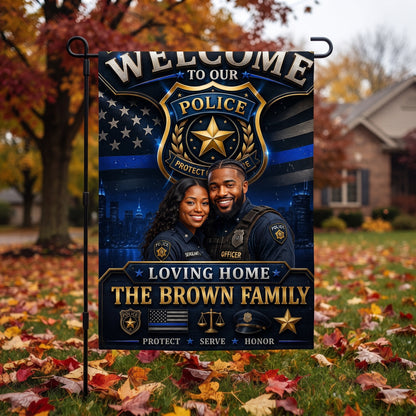 Personalized Police Family Welcome Garden Flag – Custom Officer Photo, Thin Blue Line Outdoor Decor, Police Home Gift