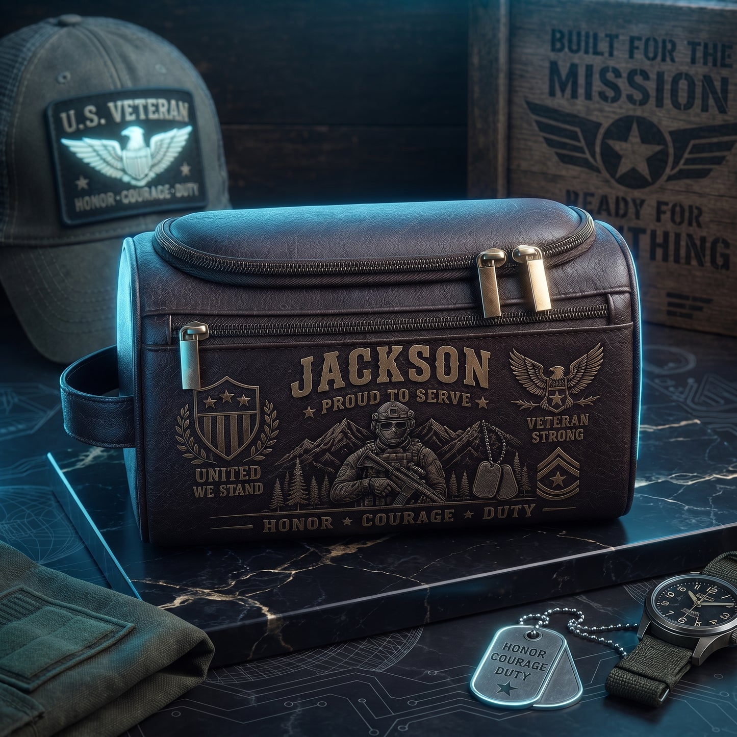 Personalized Military Veteran Leather Toiletry Bag – Proud To Serve Travel Dopp Kit Gift For Him