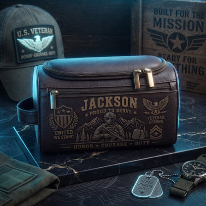 Personalized Military Veteran Leather Toiletry Bag – Proud To Serve Travel Dopp Kit Gift For Him