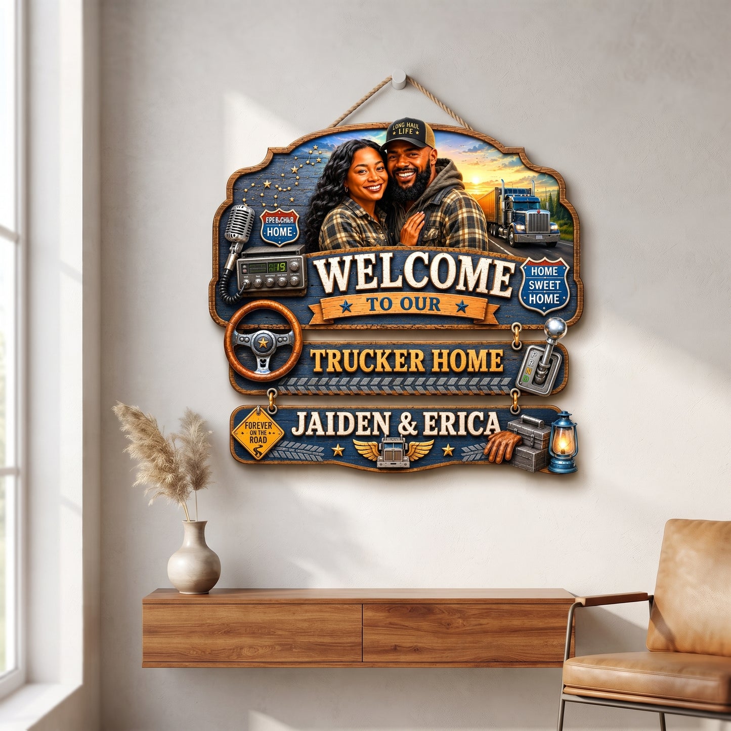 Personalized Trucker Couple Pallet Wood Sign – Custom Trucker Home Wooden Hanging Sign – Semi Truck Family Decor – Personalized Couple Gift