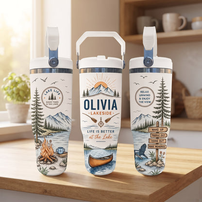 Personalized Lakeside Tumbler – Custom Name Lake Life Cup, Frost White Engraved Travel Mug for Boat Days, Dock Days & Summer Gifts