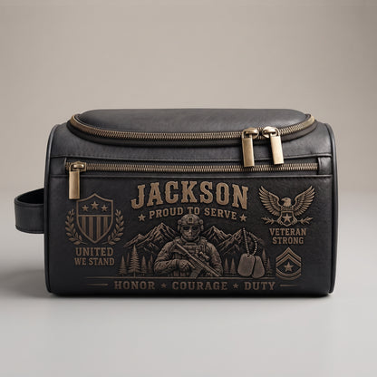 Personalized Military Veteran Leather Toiletry Bag – Proud To Serve Travel Dopp Kit Gift For Him