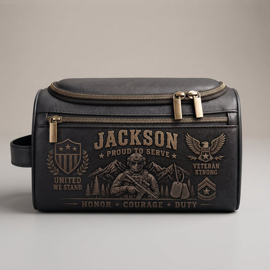 Personalized Military Veteran Leather Toiletry Bag – Proud To Serve Travel Dopp Kit Gift For Him