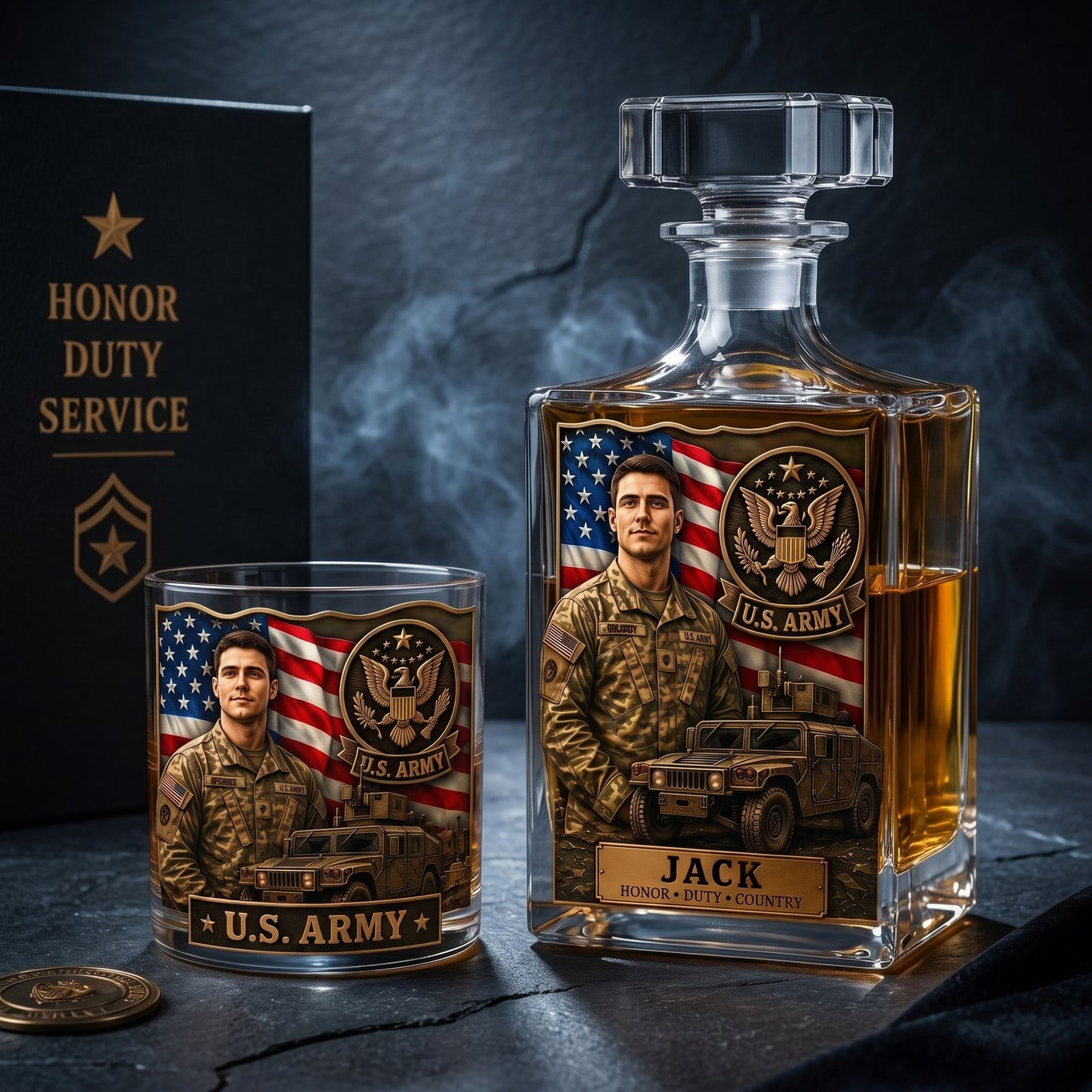 Personalized U.S. Army Custom Photo Whiskey Decanter, Glass & Coaster Set – Military Veteran Gift
