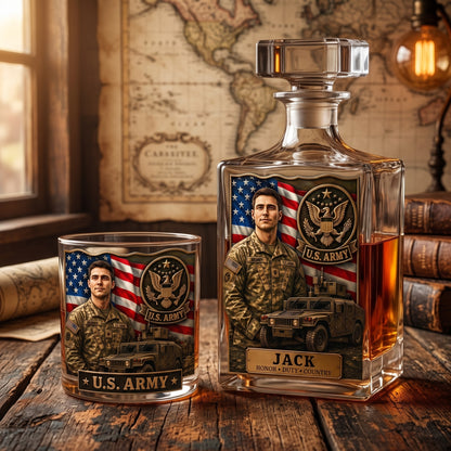 Personalized U.S. Army Custom Photo Whiskey Decanter, Glass & Coaster Set – Military Veteran Gift
