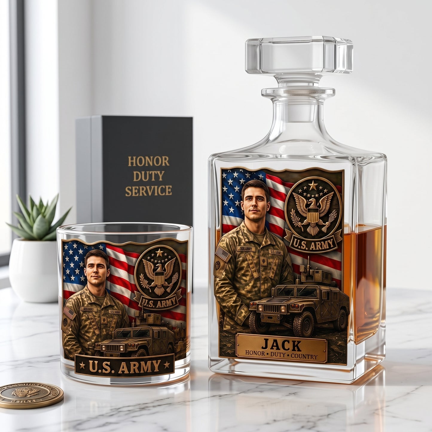 Personalized U.S. Army Custom Photo Whiskey Decanter, Glass & Coaster Set – Military Veteran Gift