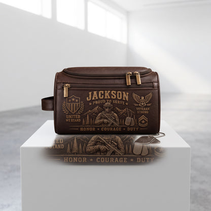 Personalized Military Veteran Leather Toiletry Bag – Proud To Serve Travel Dopp Kit Gift For Him