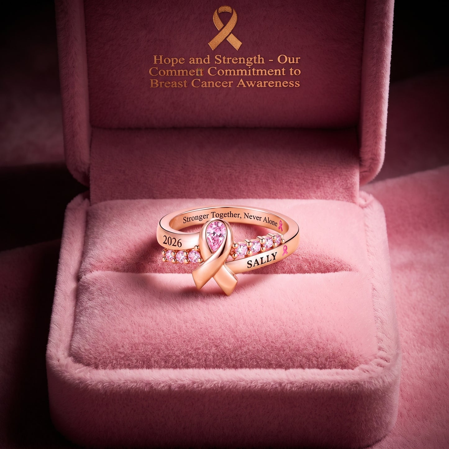 Personalized Breast Cancer Awareness Ring – Custom Pink Ribbon Birthstone Ring, Survivor Support Jewelry Gift
