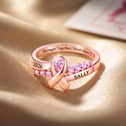 Personalized Breast Cancer Awareness Ring – Custom Pink Ribbon Birthstone Ring, Survivor Support Jewelry Gift