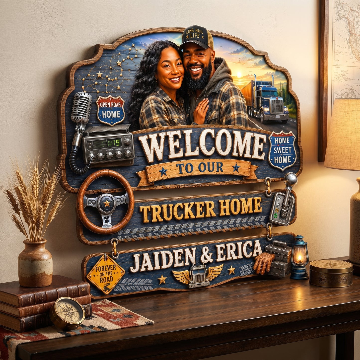 Personalized Trucker Couple Pallet Wood Sign – Custom Trucker Home Wooden Hanging Sign – Semi Truck Family Decor – Personalized Couple Gift