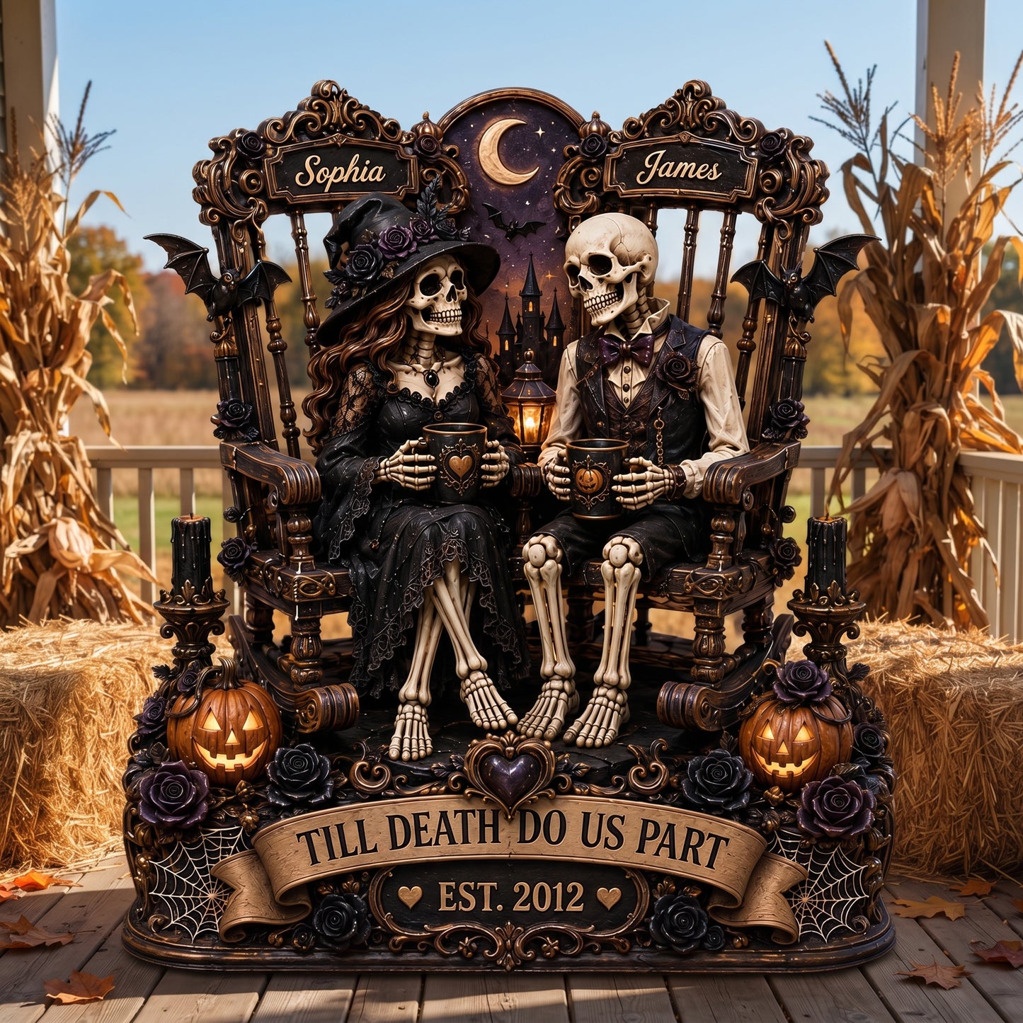 Till Death Do Us Part Skeleton Couple 2D Flat - Personalized 2-Layered Wooden Plaque - Halloween Decor For Couple