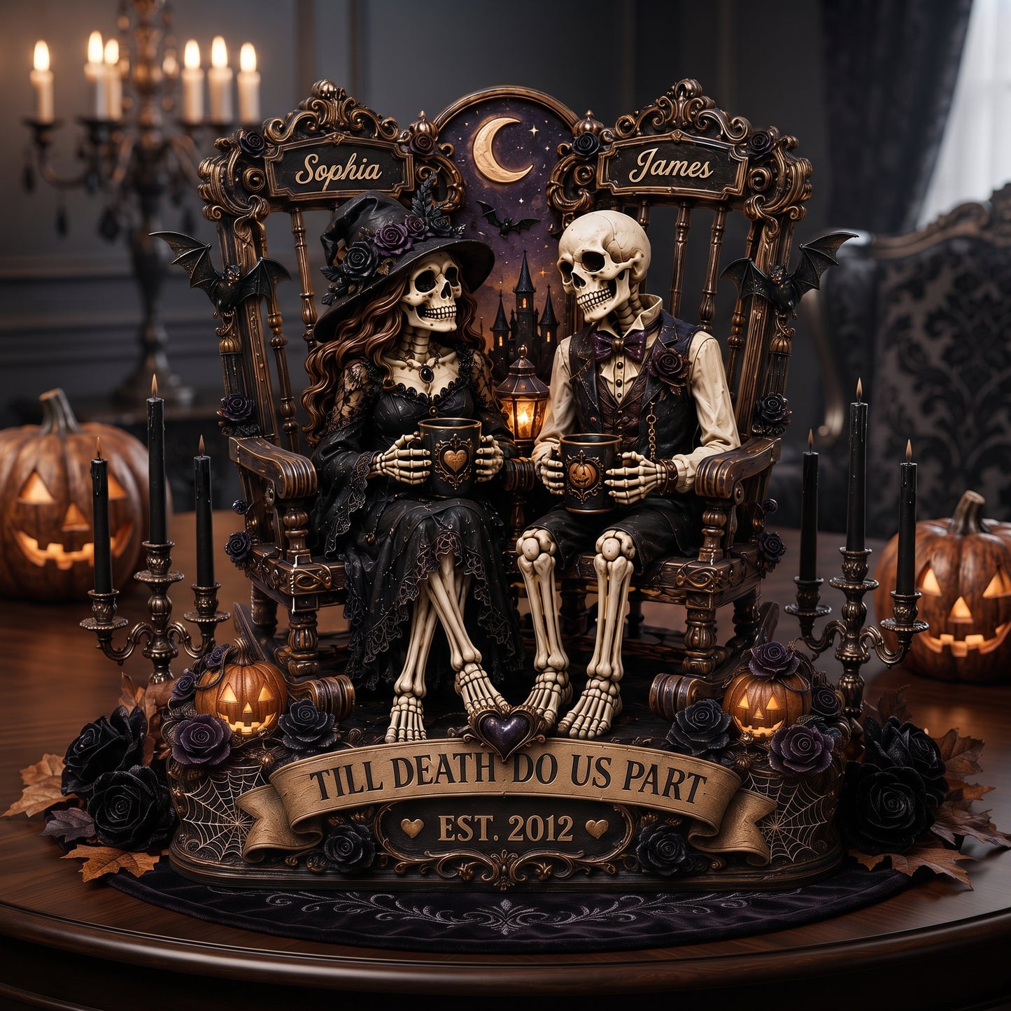 Till Death Do Us Part Skeleton Couple 2D Flat - Personalized 2-Layered Wooden Plaque - Halloween Decor For Couple