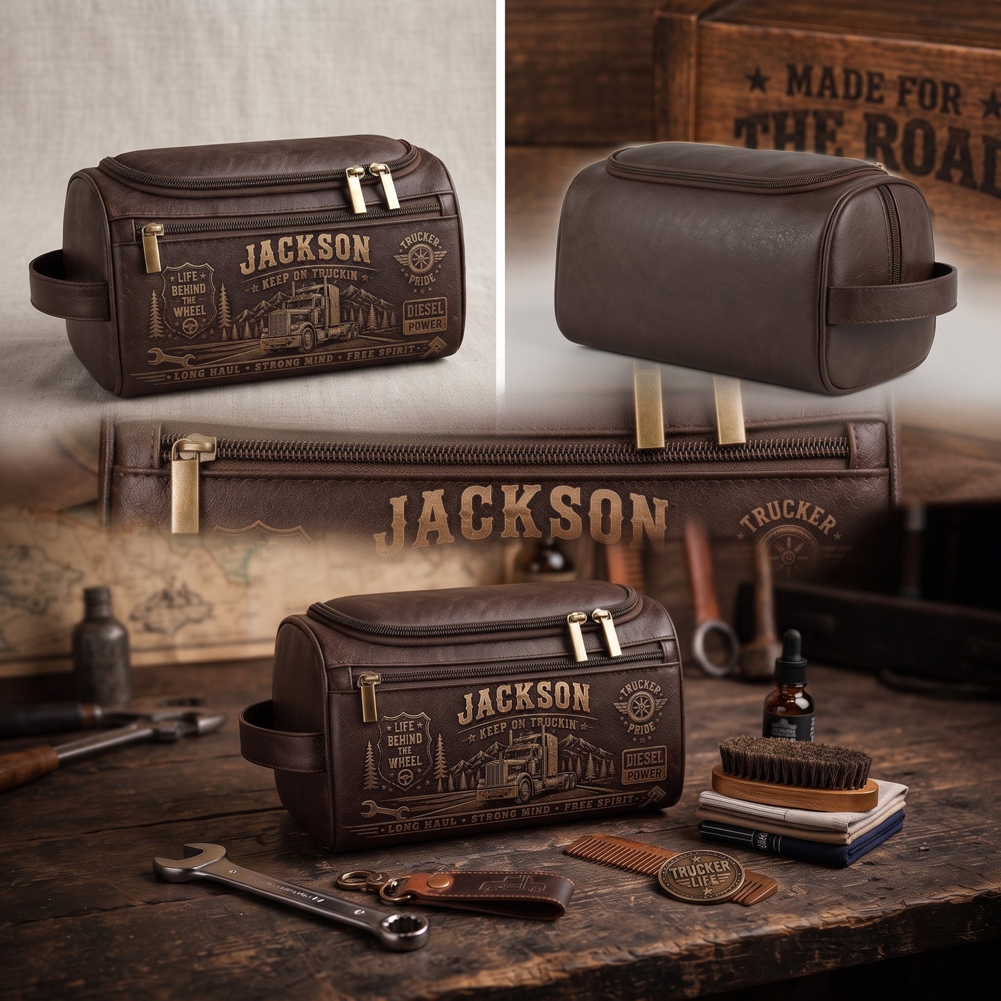 Personalized Trucker Leather Toiletry Bag – Custom Name Travel Dopp Kit for Truck Drivers, Husband & Dad
