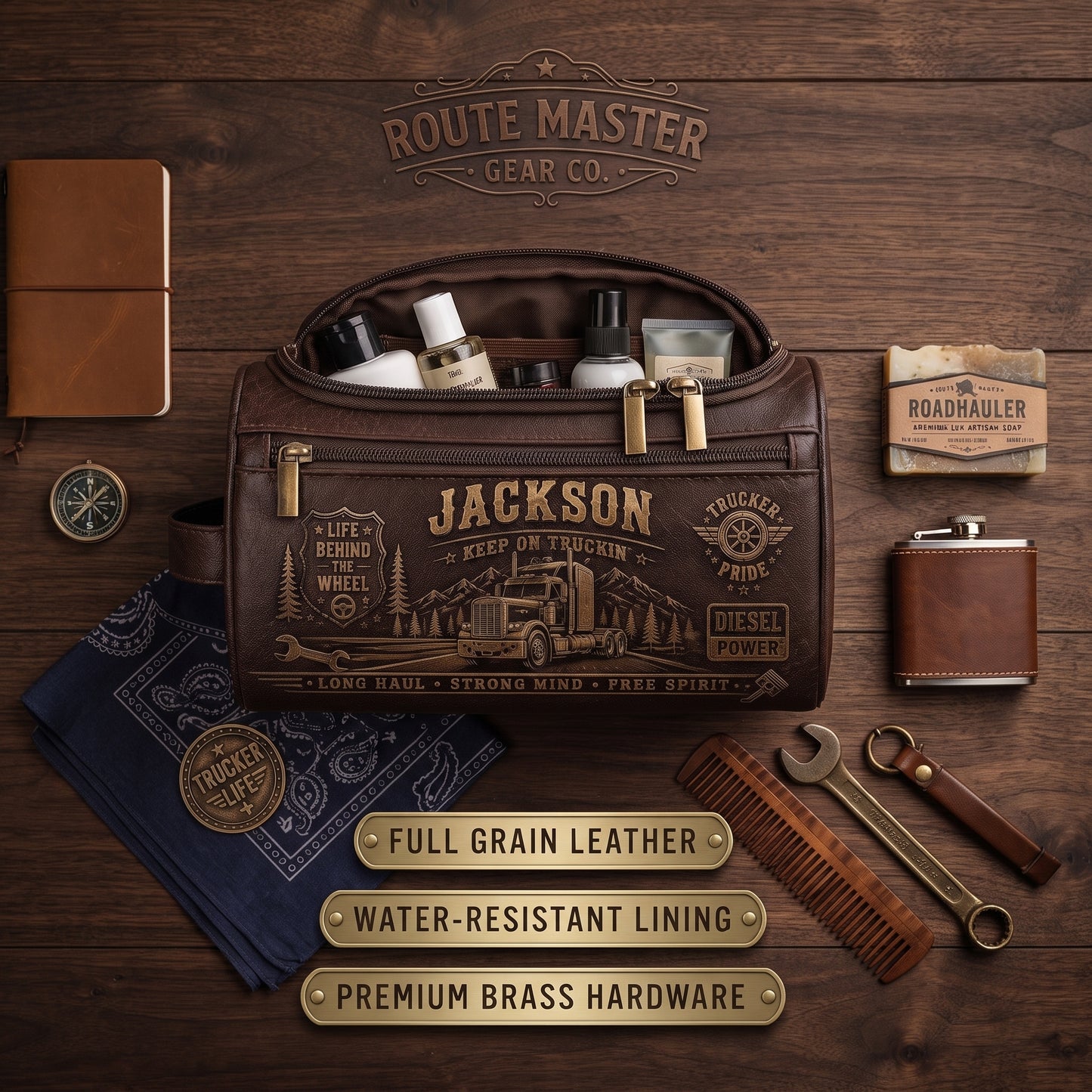 Personalized Trucker Leather Toiletry Bag – Custom Name Travel Dopp Kit for Truck Drivers, Husband & Dad
