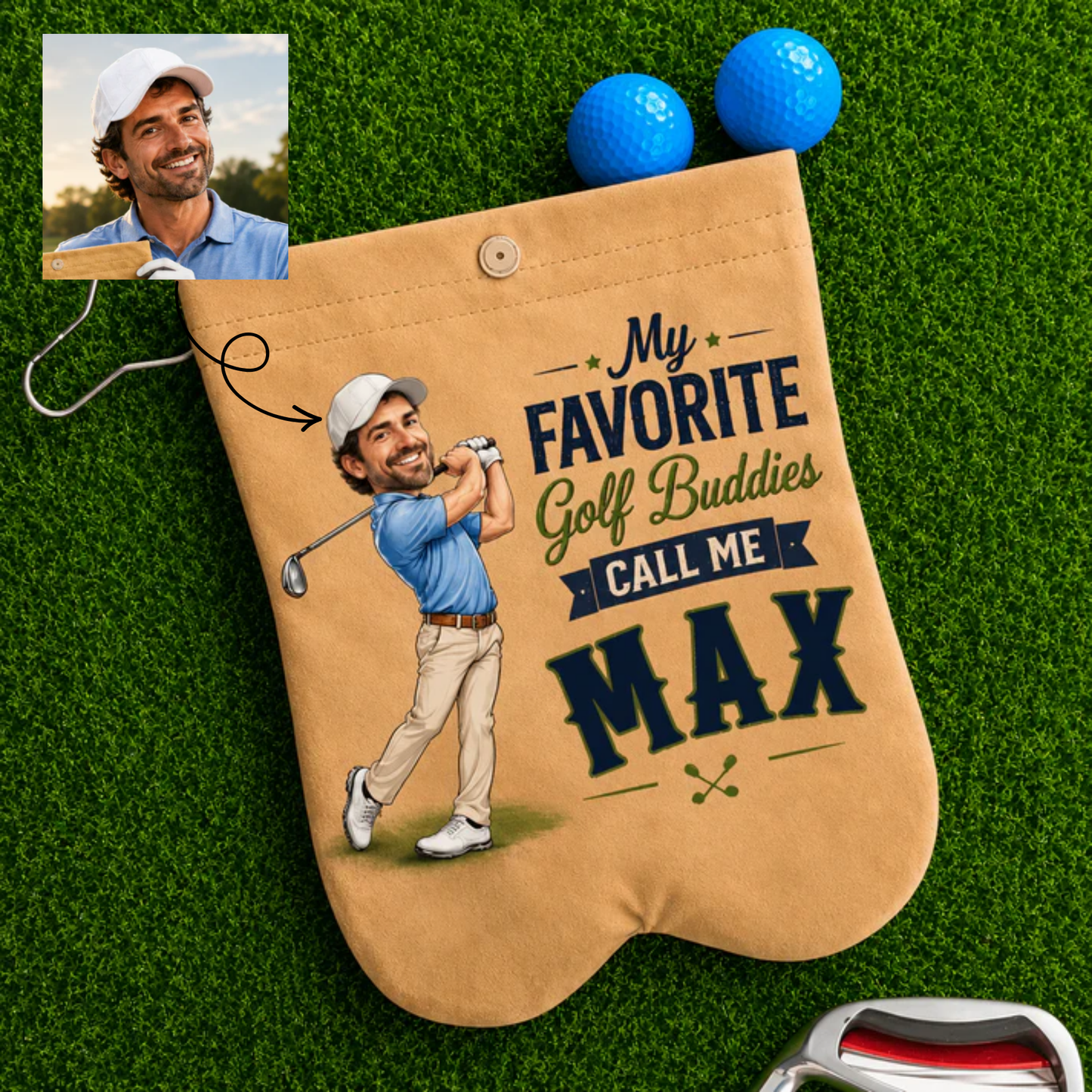 Personalized Cartoon Face Golf Ball Bag Sack with 2 Golf Balls – Custom Photo Golf Accessory Gift for Dad, Golf Lover Birthday Gift for Men