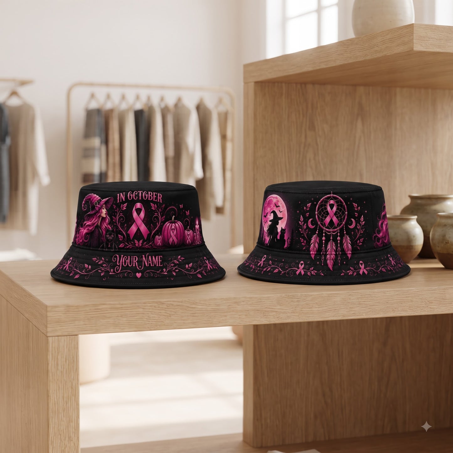 Personalized In October We Wear Pink Witch Bucket Hat – Breast Cancer Awareness Halloween Hat