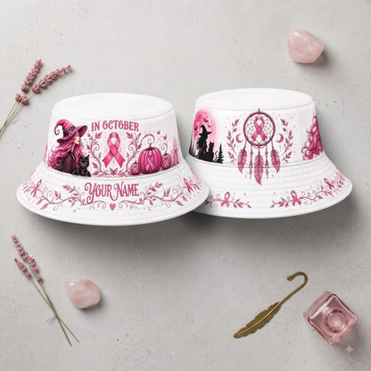 Personalized In October We Wear Pink Witch Bucket Hat – Breast Cancer Awareness Halloween Hat