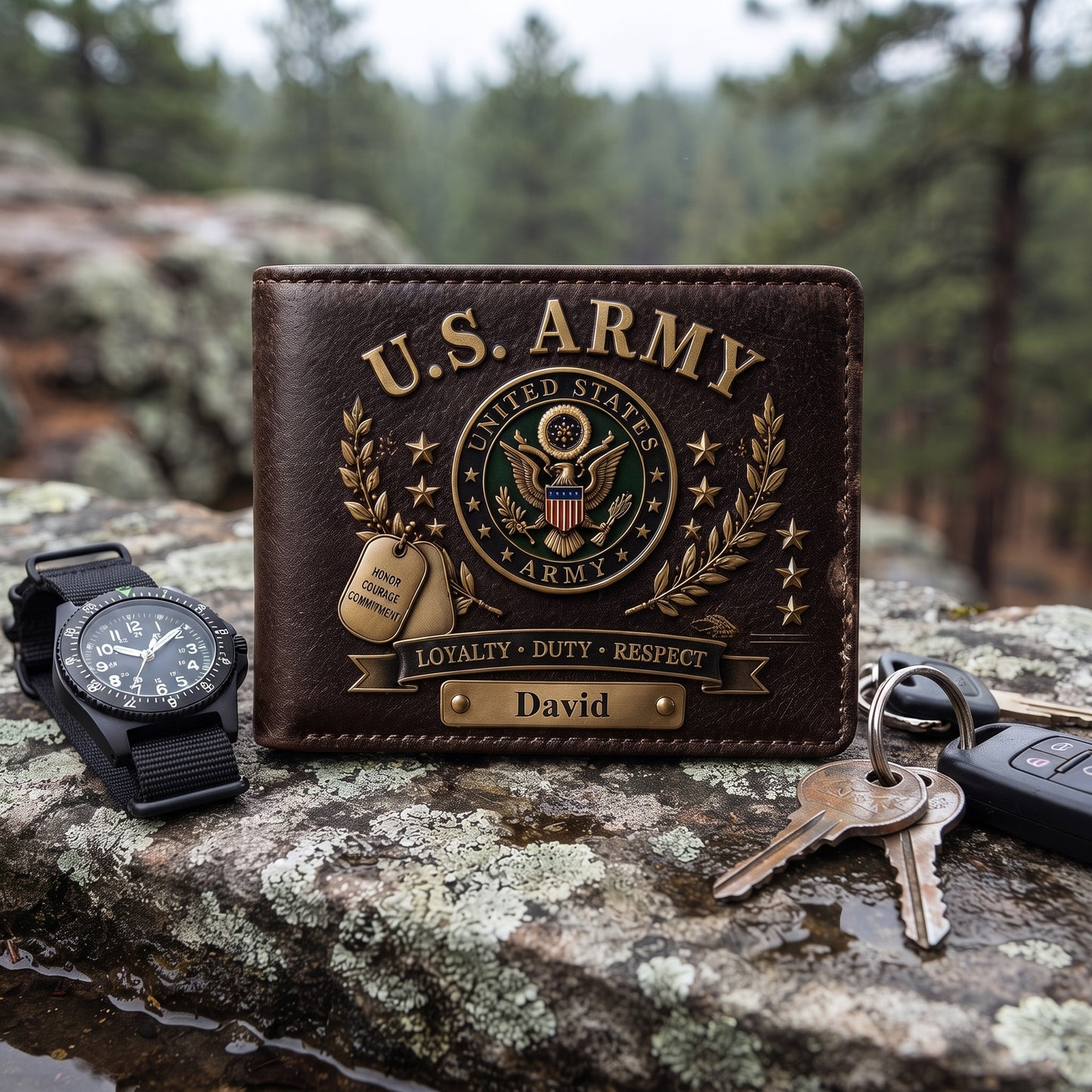 Personalized US Military Branch Wallet – Custom Name PU Leather Bifold Wallet for Army, Navy, Air Force, Marine Corps & Coast Guard Veterans