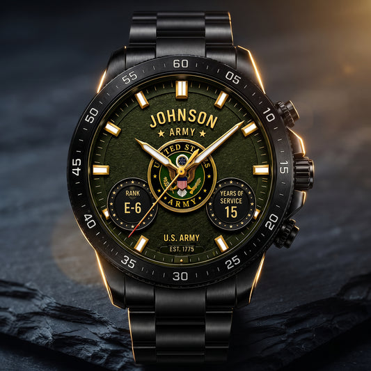 Personalized Military Service Quartz Watch – Custom Name, Branch, Rank & Years Served Veteran Gift