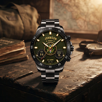 Personalized Military Service Quartz Watch – Custom Name, Branch, Rank & Years Served Veteran Gift