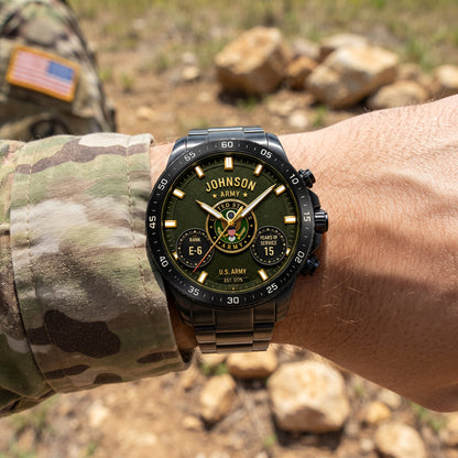 Personalized Military Service Quartz Watch – Custom Name, Branch, Rank & Years Served Veteran Gift