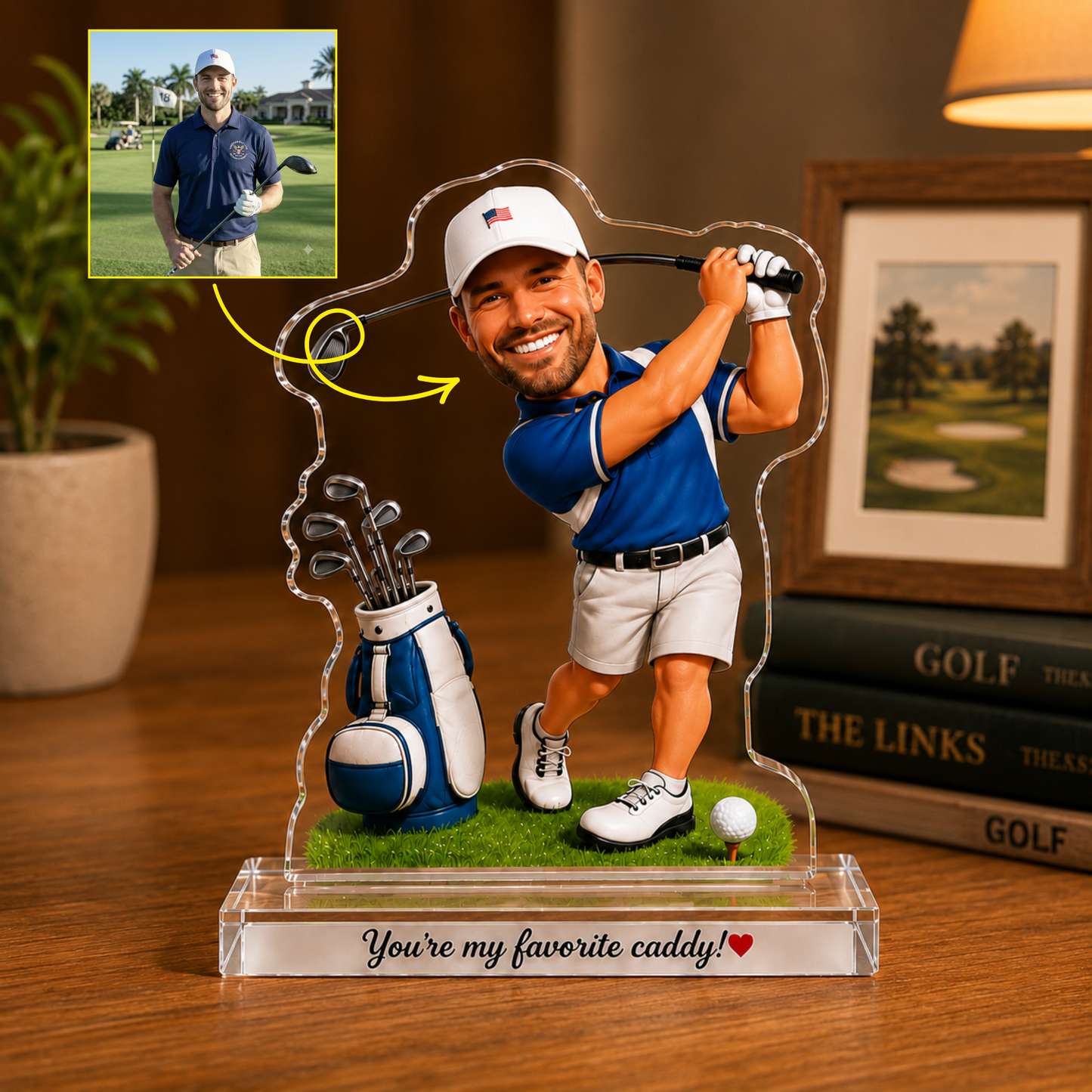 Funny Golf Gift Cartoonish Exaggerated Mascot Style – Personalized Photo Custom Shaped Acrylic Plaque