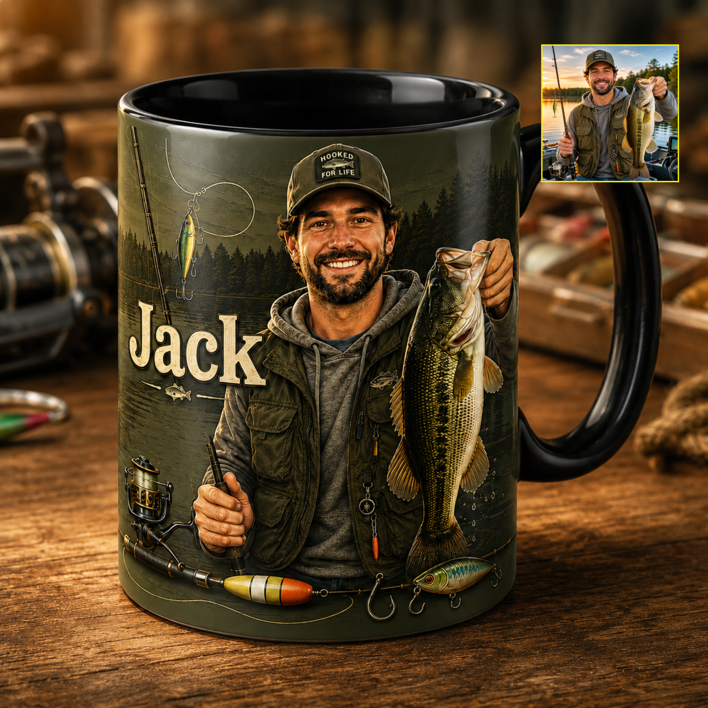 Custom Fishing Photo Mug – Personalized Angler Name Ceramic Coffee Mug Gift For Fishing Lovers