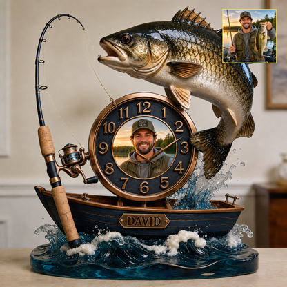 Personalized Photo Fishing Boat Wall Clock – Custom Fisherman Portrait Clock, Gift For Fishing Lovers