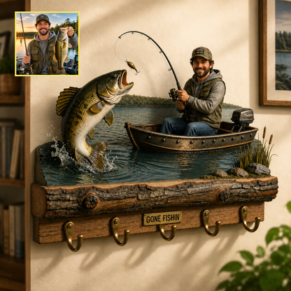 Personalized Fishing Wall Mounted Key Holder – Custom Rustic Hook Rack Gift For Fisherman