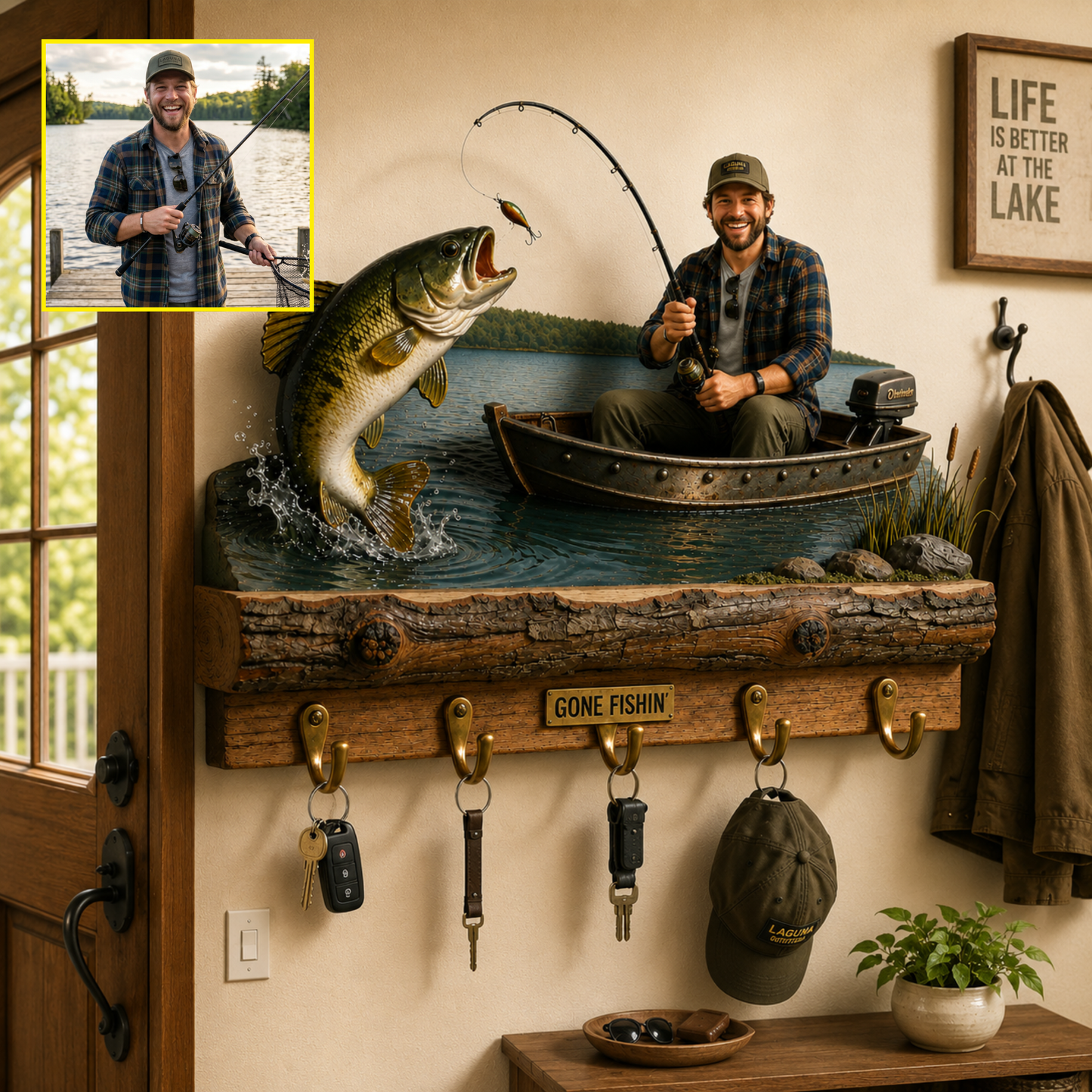 Personalized Fishing Wall Mounted Key Holder – Custom Rustic Hook Rack Gift For Fisherman