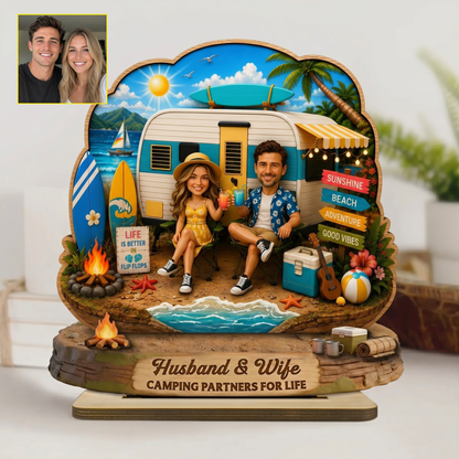 Couple Summer Vacation Beach Camping - Personalized Wood Sign - Gift For Couple, Campers, Outdoor Campsite Decor