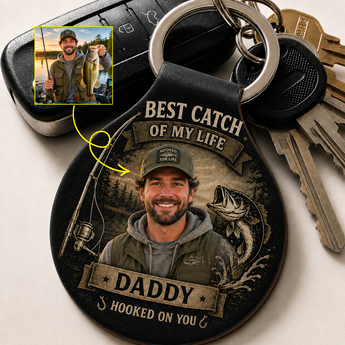 Custom Photo Best Catch Of My Life Daddy, Personalized Fishing Gift Leather Keychain