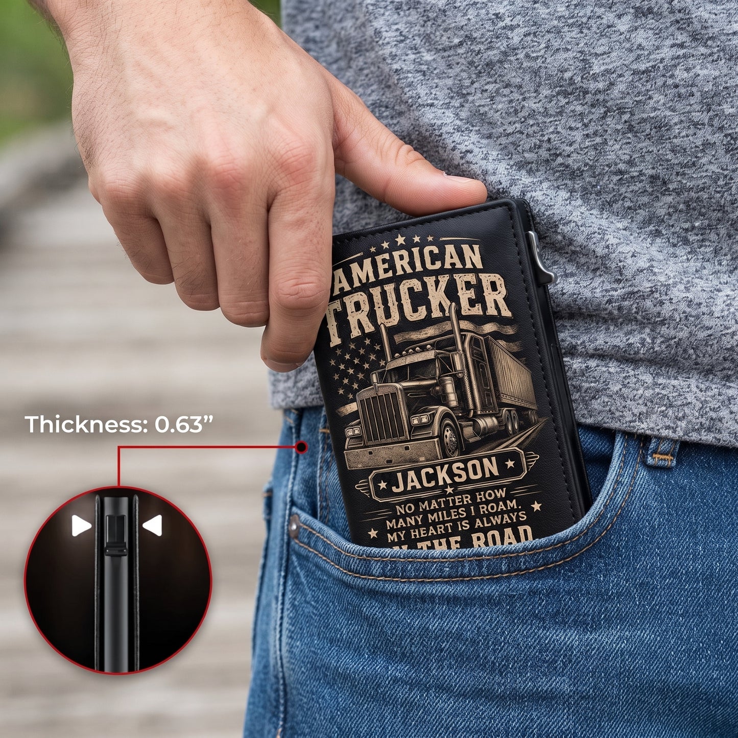 Personalized American Trucker Pop-Up Wallet – Custom Name RFID Blocking Leather Card Holder, Semi Truck Driver Gift