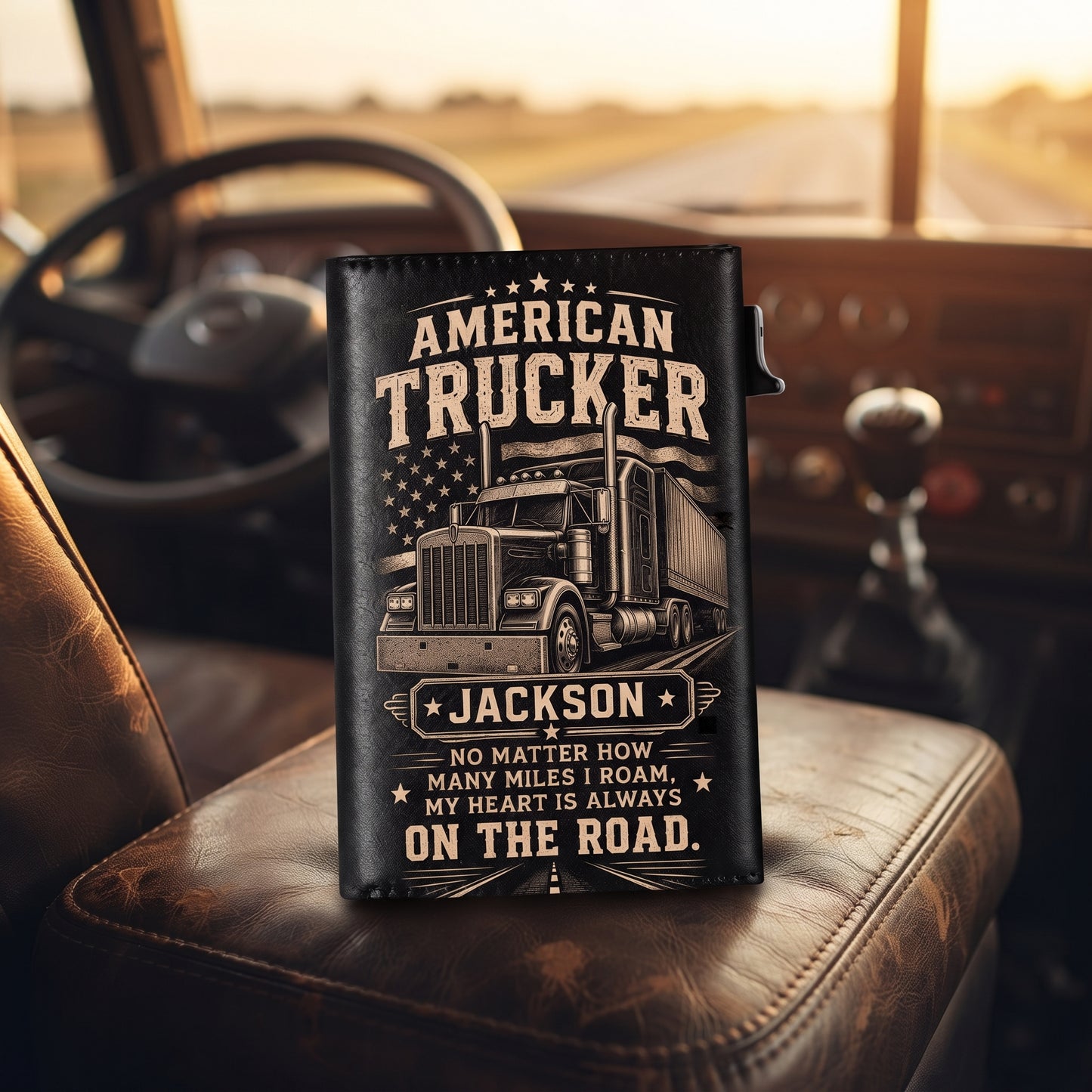 Personalized American Trucker Pop-Up Wallet – Custom Name RFID Blocking Leather Card Holder, Semi Truck Driver Gift