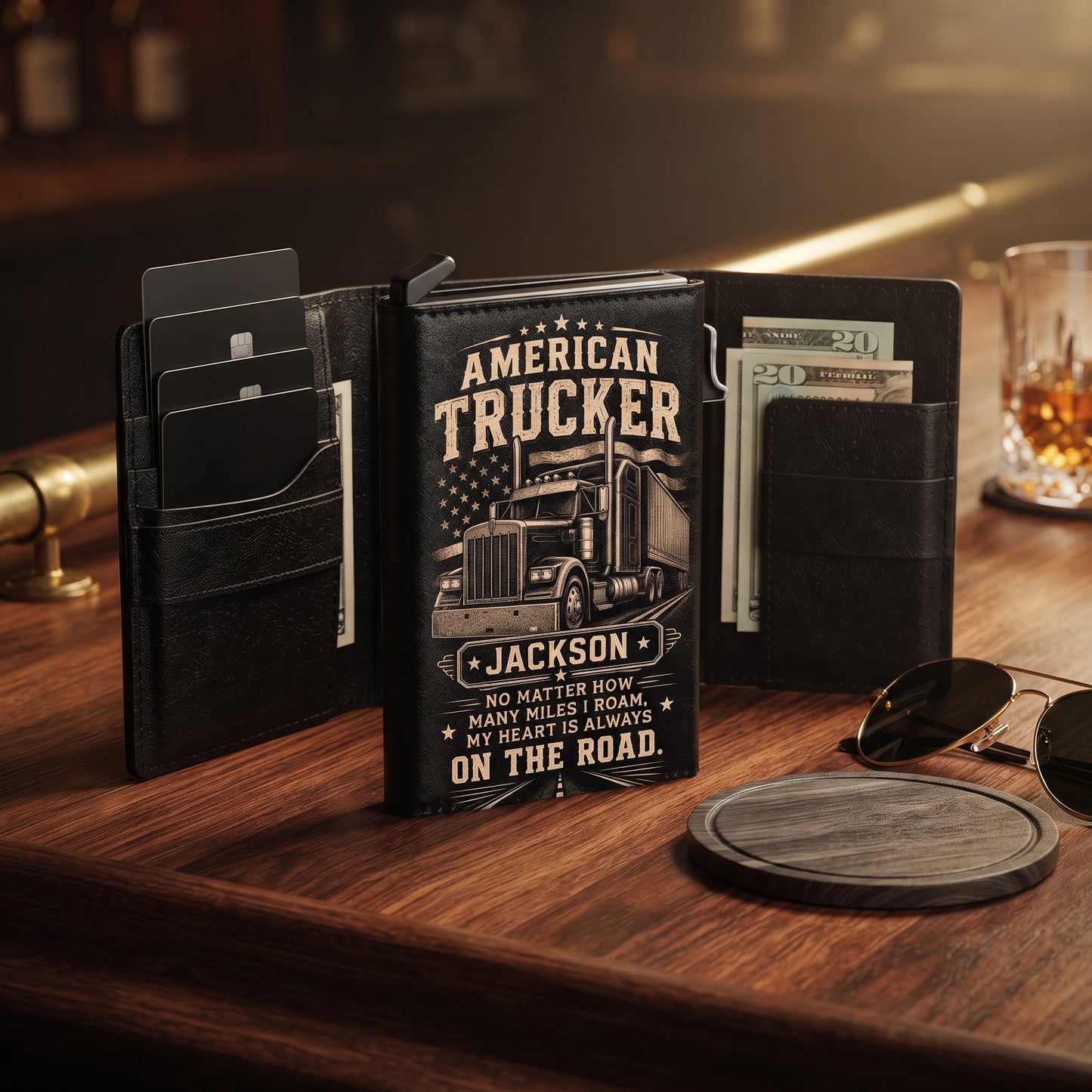 Personalized American Trucker Pop-Up Wallet – Custom Name RFID Blocking Leather Card Holder, Semi Truck Driver Gift