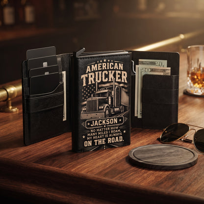 Personalized American Trucker Pop-Up Wallet – Custom Name RFID Blocking Leather Card Holder, Semi Truck Driver Gift
