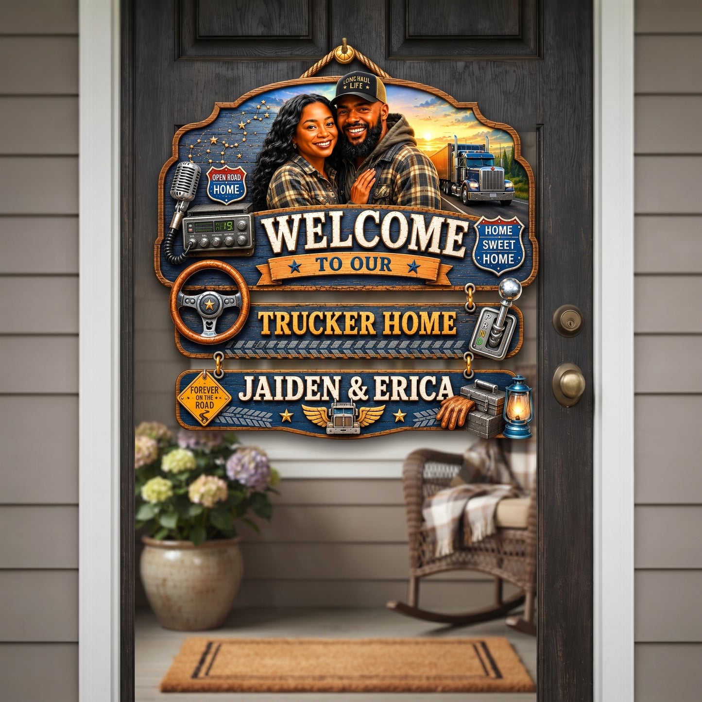 Personalized Trucker Couple Pallet Wood Sign – Custom Trucker Home Wooden Hanging Sign – Semi Truck Family Decor – Personalized Couple Gift