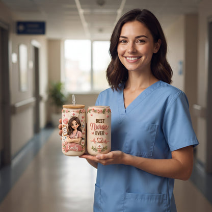 Personalized Nurse Photo Glass Can with Lid & Straw – Custom Photo Style Gift for Nurse, RN, CNA, Healthcare Worker