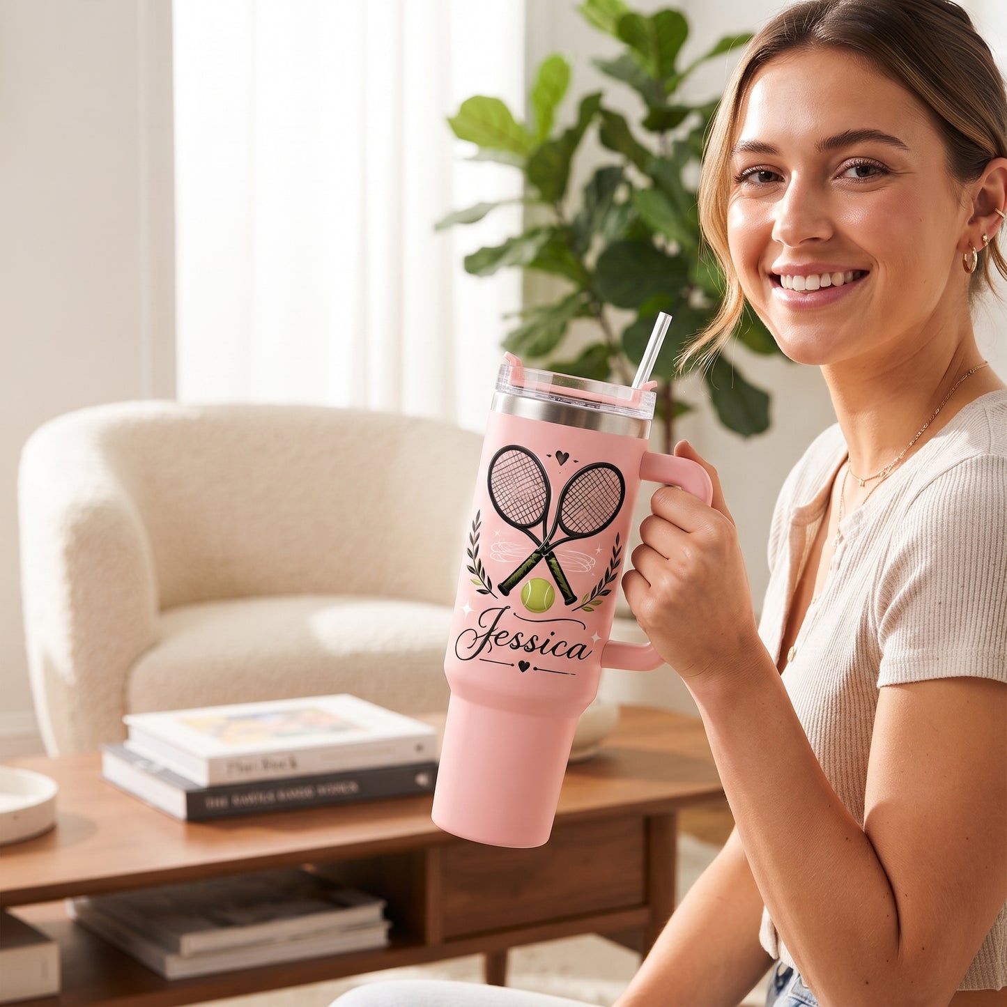 Personalized Tennis 40oz Tumbler With Handle & Straw – Custom Name Gift for Tennis Players