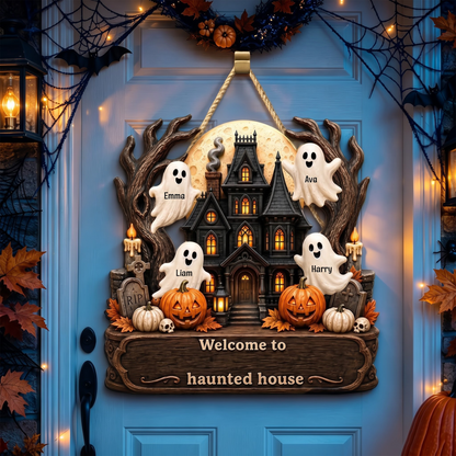 Personalized Wooden Sign with Haunted House Ghosts & Pumpkins, Halloween Door Decor, Unique Gift for Grandparents